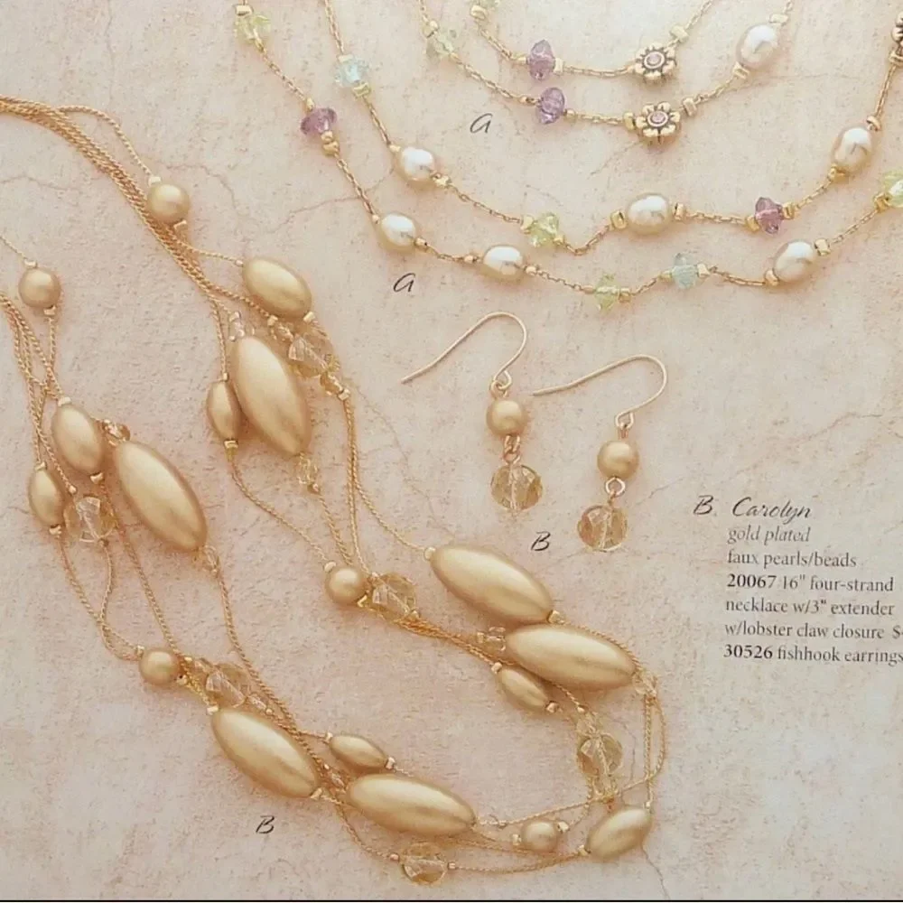 Premier Designs Carolyn Necklace and Earrings Set Gold Tone Faux Pearls Delicate